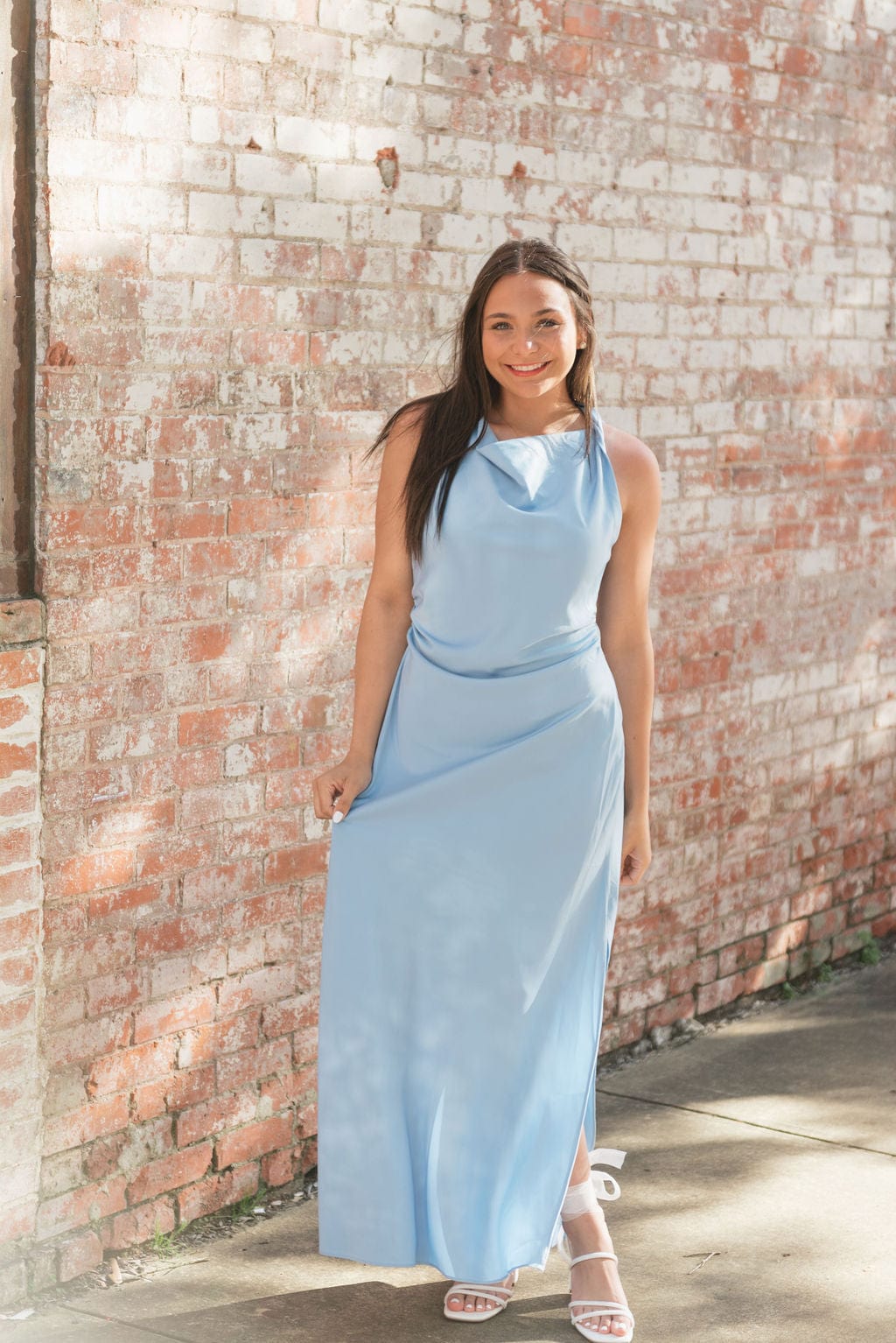 Blue Satin Draped Detail Midi Dress - Image 5