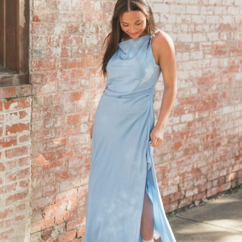 Blue Satin Draped Detail Midi Dress