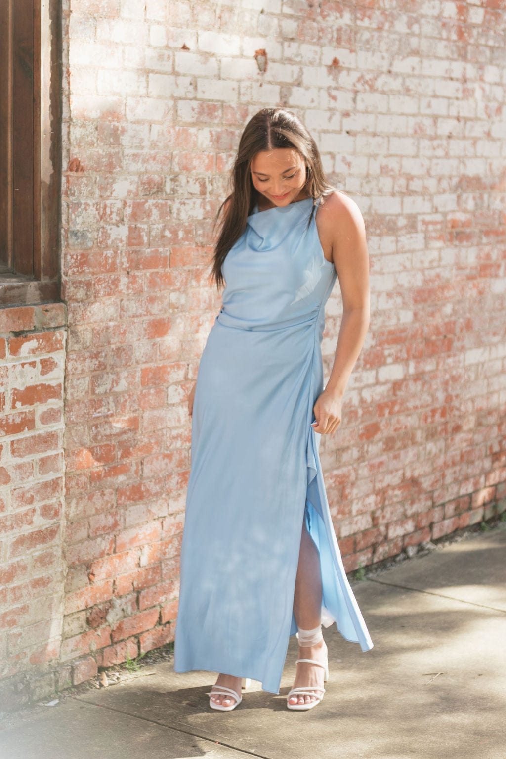 Blue Satin Draped Detail Midi Dress