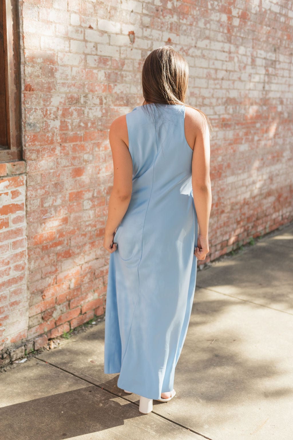 Blue Satin Draped Detail Midi Dress - Image 2