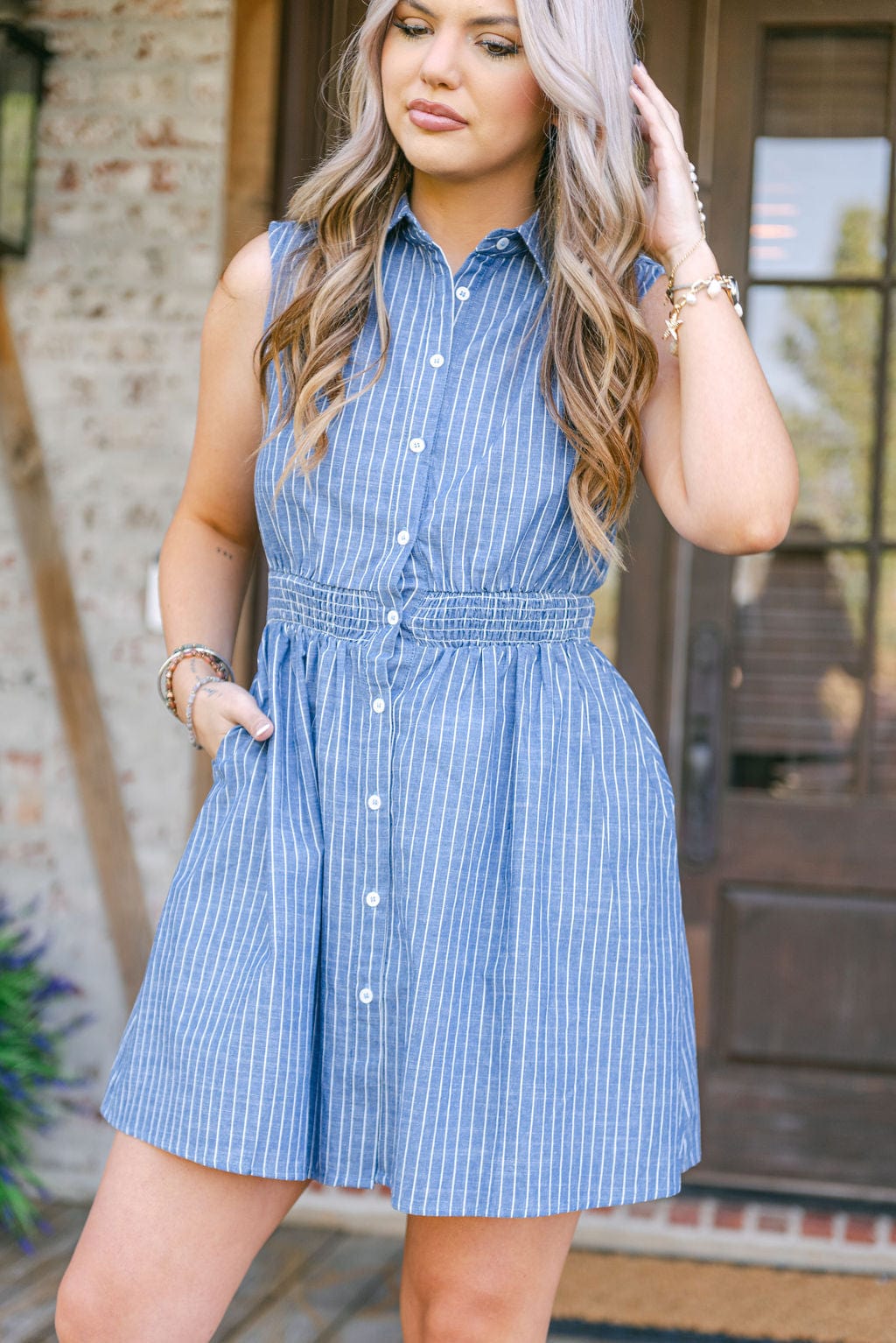 Blue Striped Synched Button Down Dress