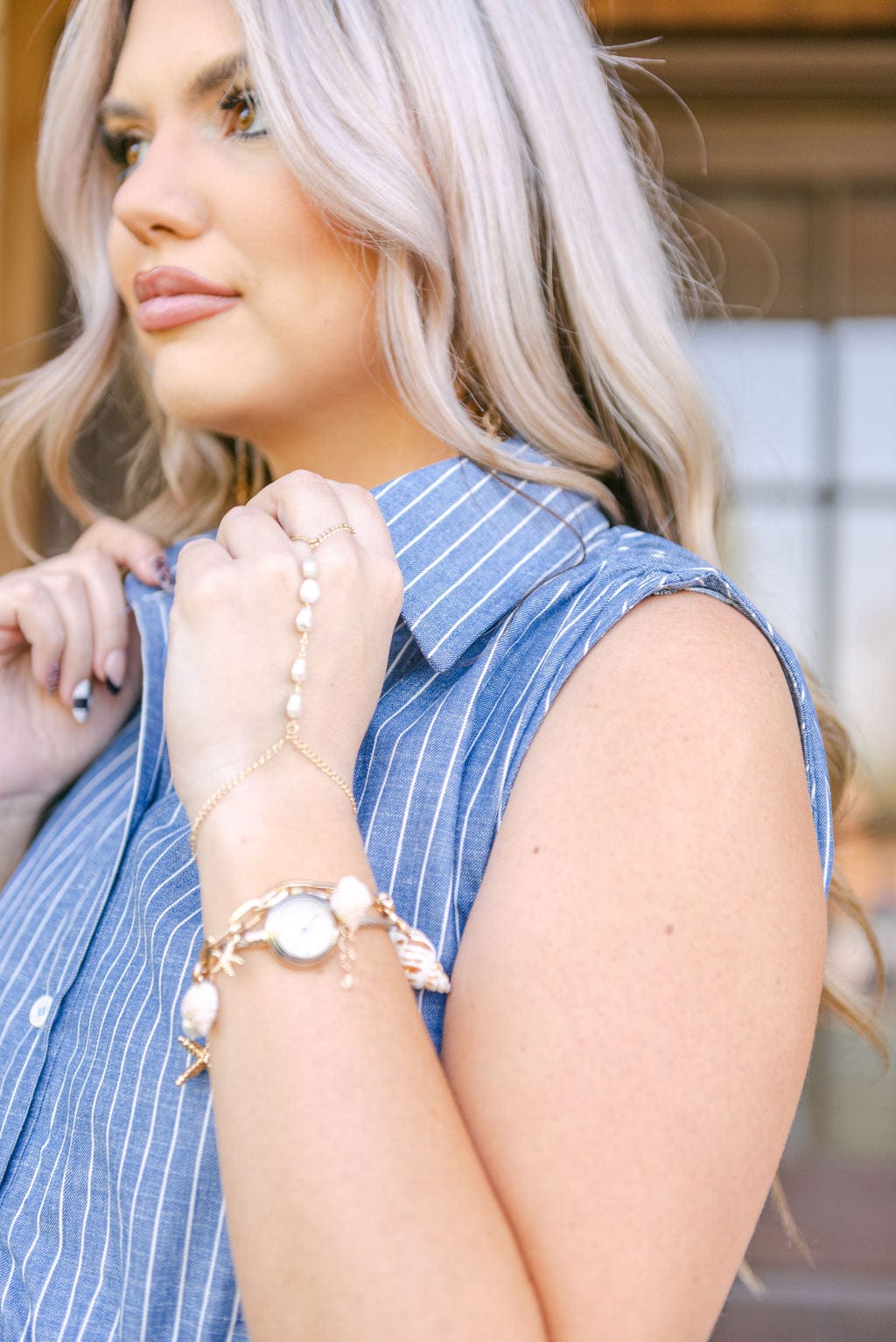 Blue Striped Synched Button Down Dress - Image 5