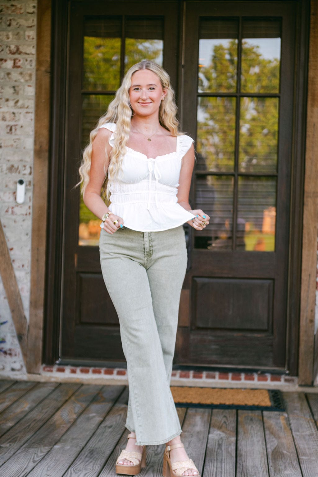 White Ruffle Trim Tie Front Top - Image 3