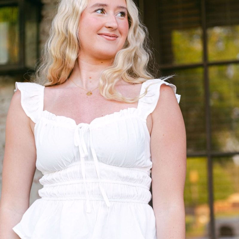 White Ruffle Trim Tie Front Top