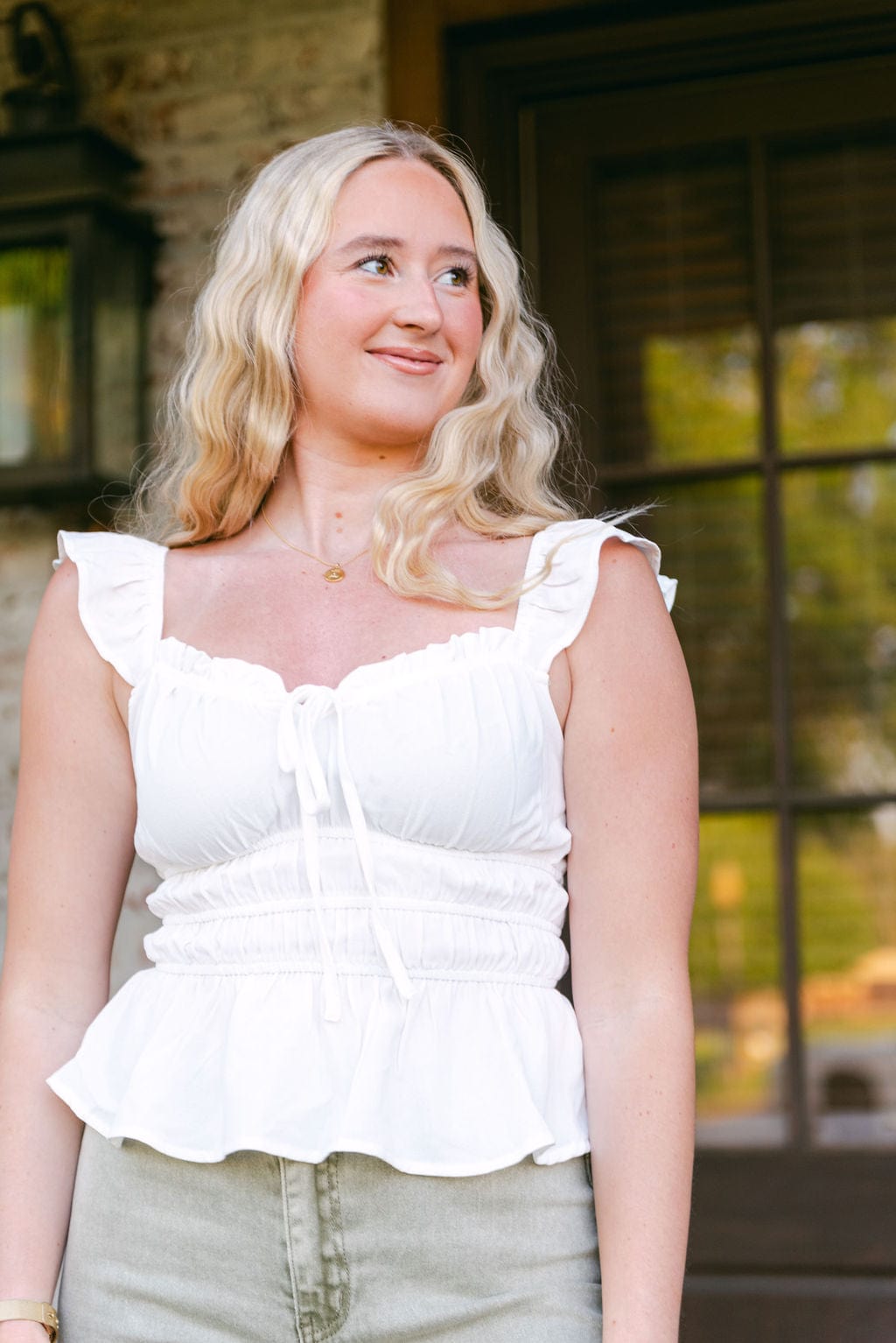 White Ruffle Trim Tie Front Top