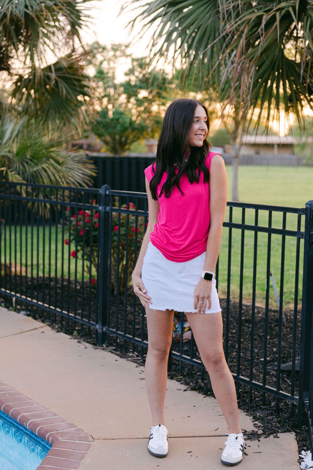 Hot Pink Fitted Ruch Detail Sleeveless Top - Image 4