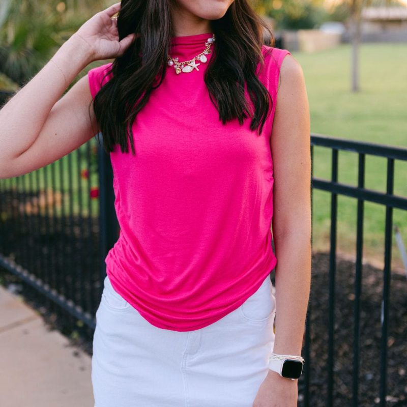 Hot Pink Fitted Ruch Detail Sleeveless Top