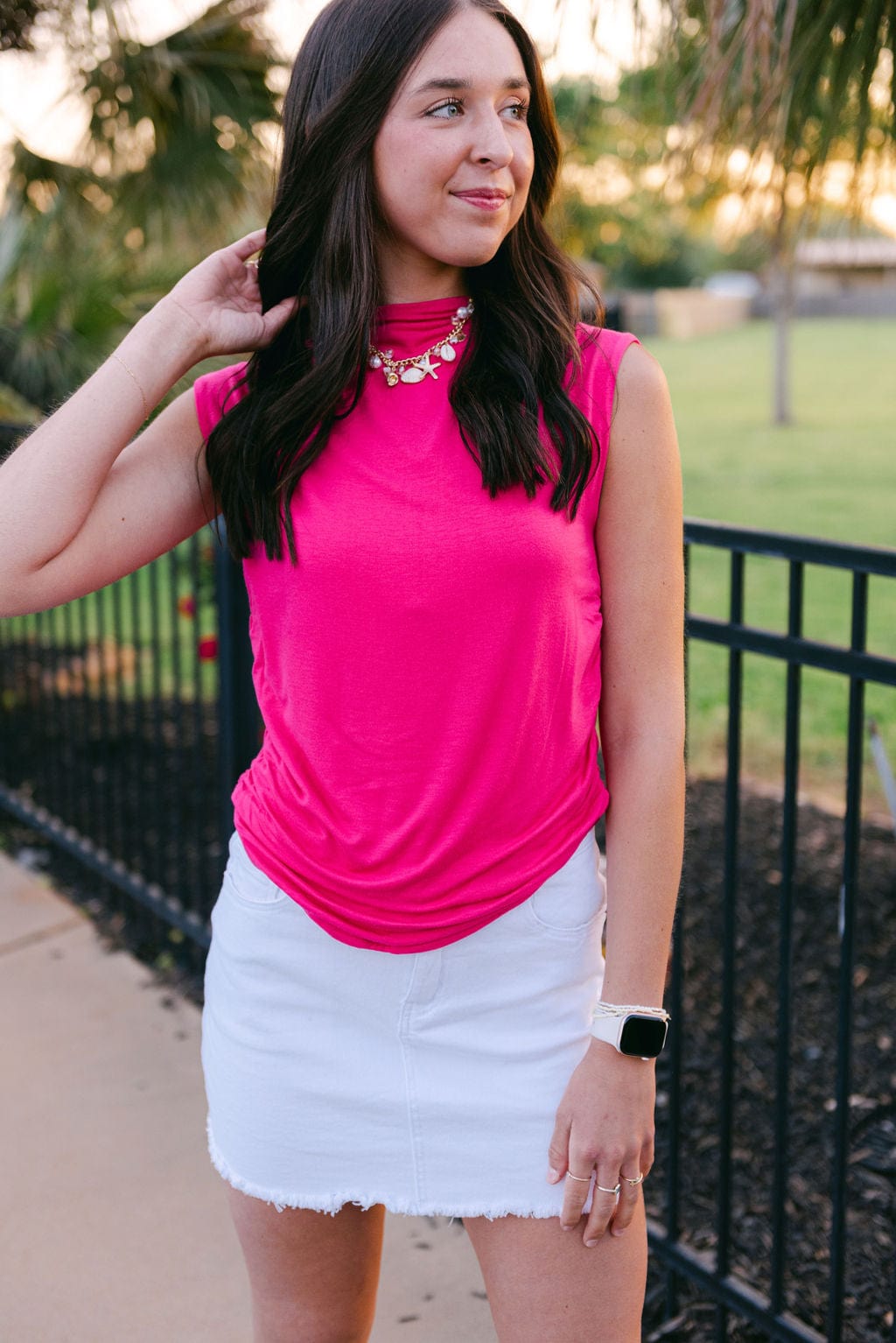 Hot Pink Fitted Ruch Detail Sleeveless Top