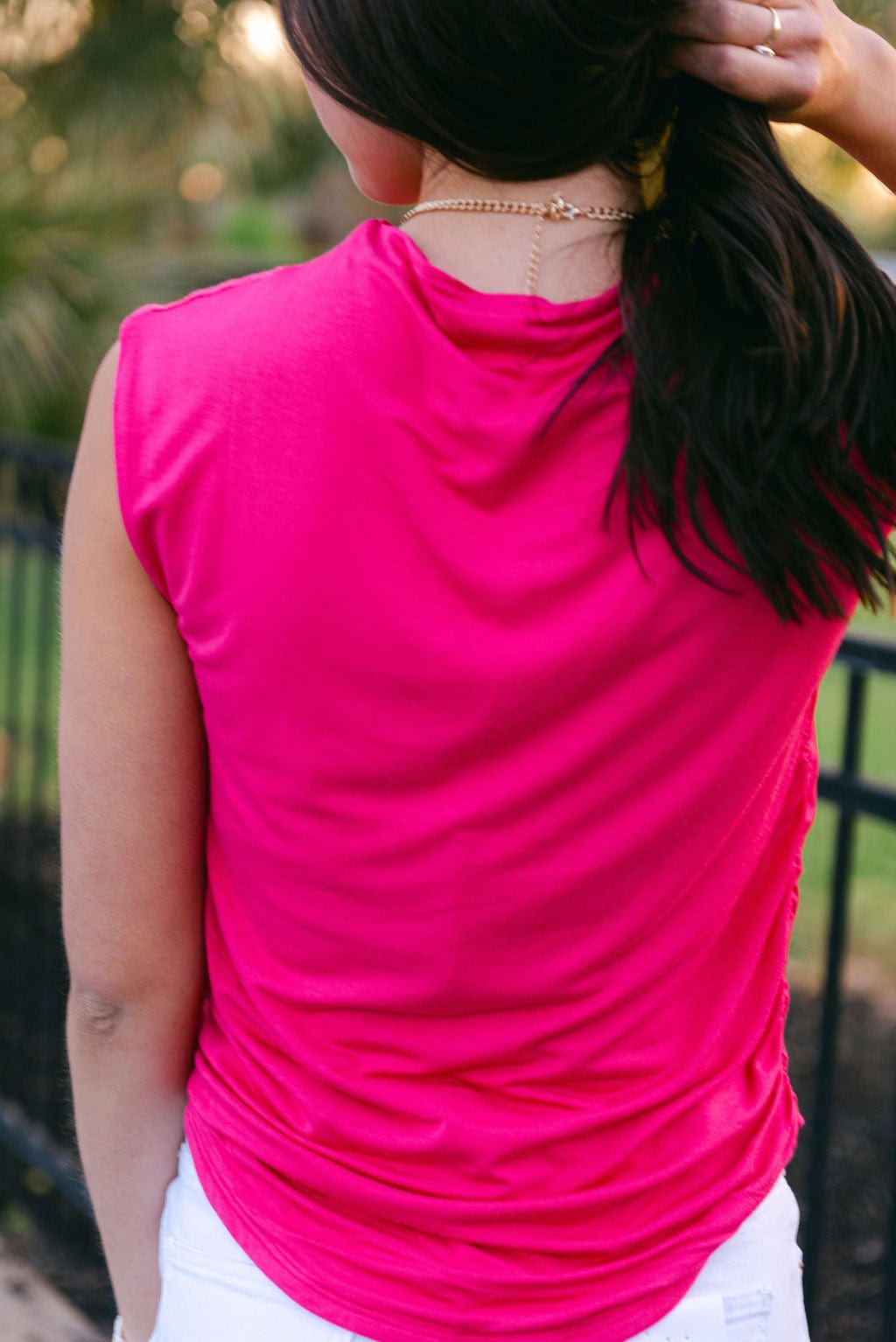 Hot Pink Fitted Ruch Detail Sleeveless Top - Image 2