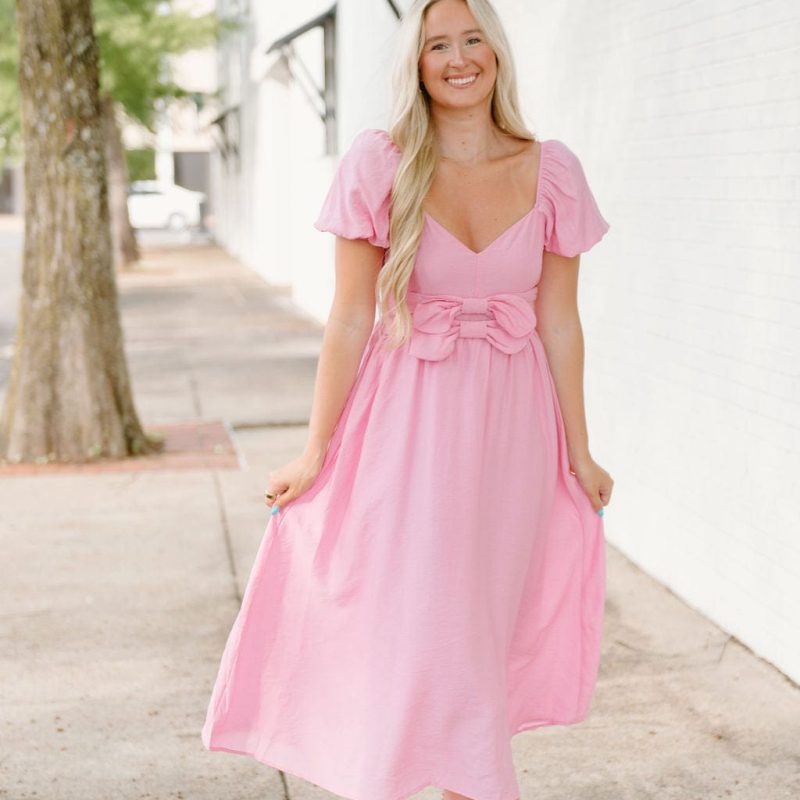Pink Bow Front Puff Sleeve Midi Dress