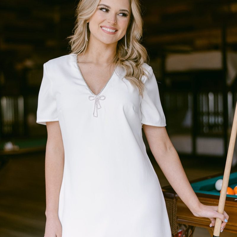 White Rhinestone Bow Mini Dress